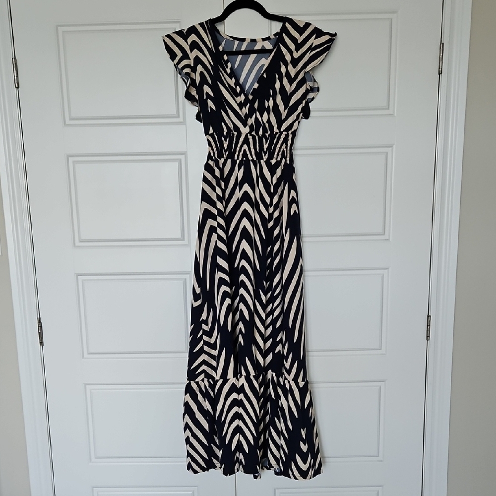 Blue and White V-Neck Maxi Sundress